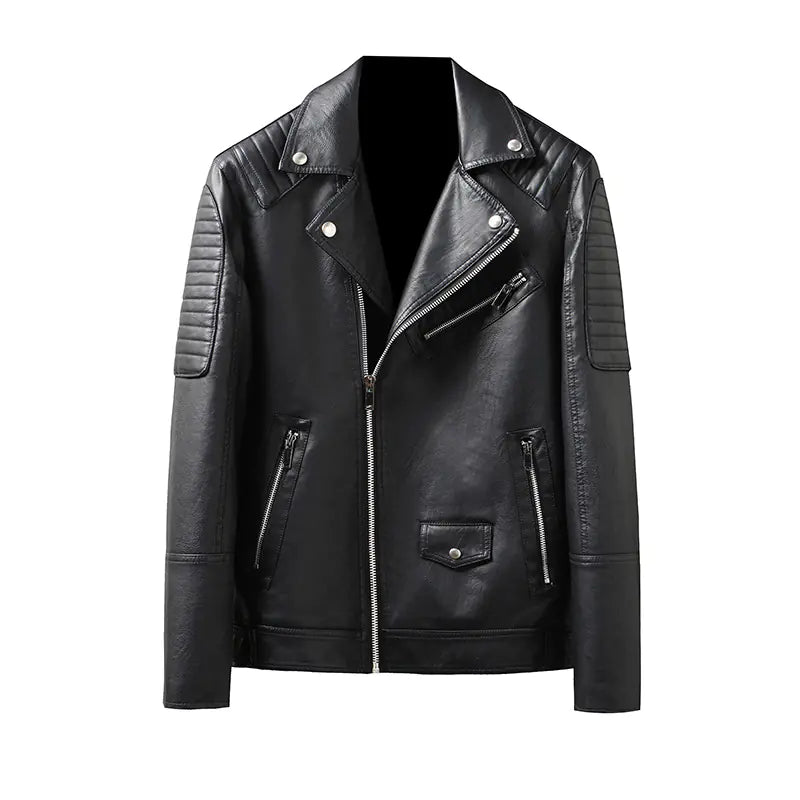 "Winter Slim Fit Men's Leather Jacket with Zipper Pockets"