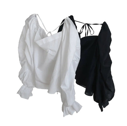 Retro French Puff Sleeve Off-Shoulder Blouse Shirt