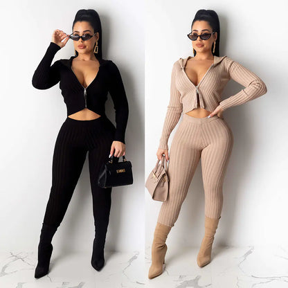 Hooded Ribbed Zip Two-Piece Club Outfit