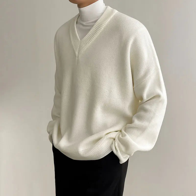 Men's Thickened Solid Color V-neck Sweater for Fall/Winter