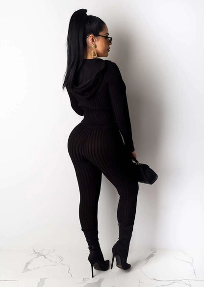 Hooded Ribbed Zip Two-Piece Club Outfit