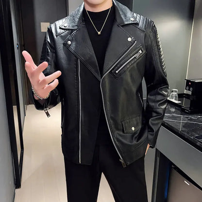 "Winter Slim Fit Men's Leather Jacket with Zipper Pockets"