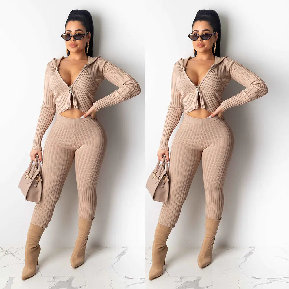Hooded Ribbed Zip Two-Piece Club Outfit