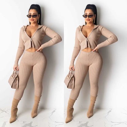Hooded Ribbed Zip Two-Piece Club Outfit