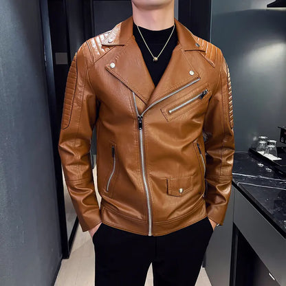 "Winter Slim Fit Men's Leather Jacket with Zipper Pockets"