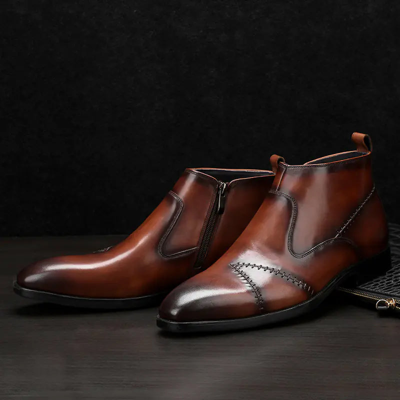 Men's Handmade High-top Leather Boots with Stitching