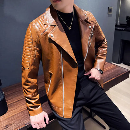 "Winter Slim Fit Men's Leather Jacket with Zipper Pockets"