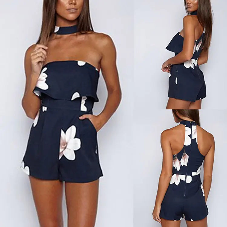 Women's Printed Jumpsuit with Back Zipper and Ruffles
