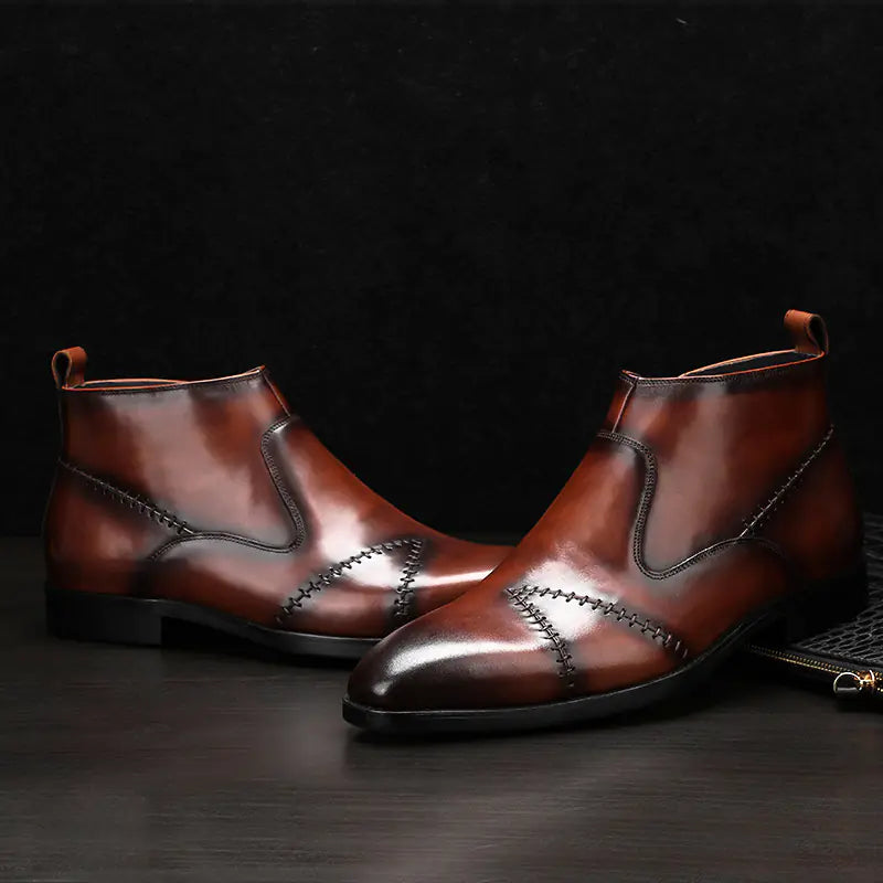 Men's Handmade High-top Leather Boots with Stitching