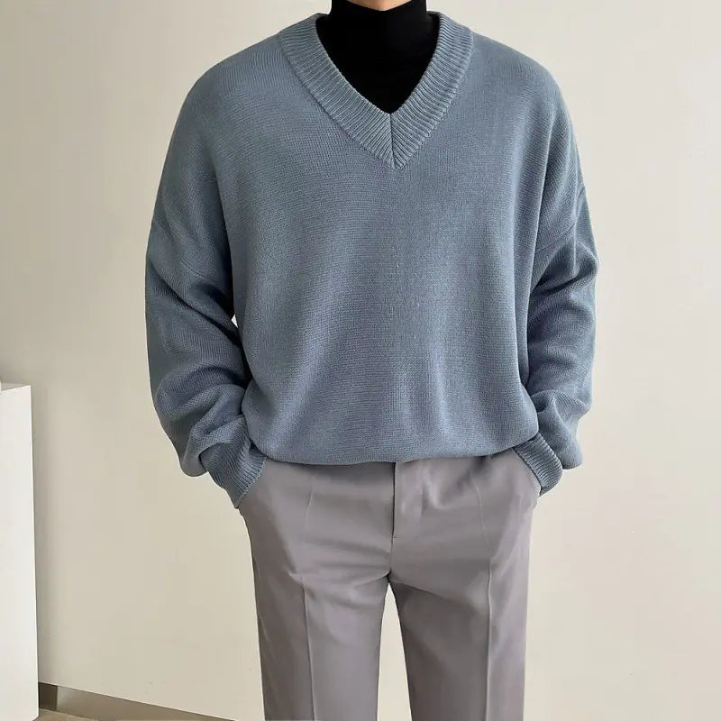 Men's Thickened Solid Color V-neck Sweater for Fall/Winter