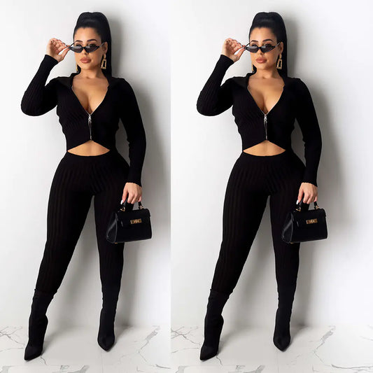 Hooded Ribbed Zip Two-Piece Club Outfit