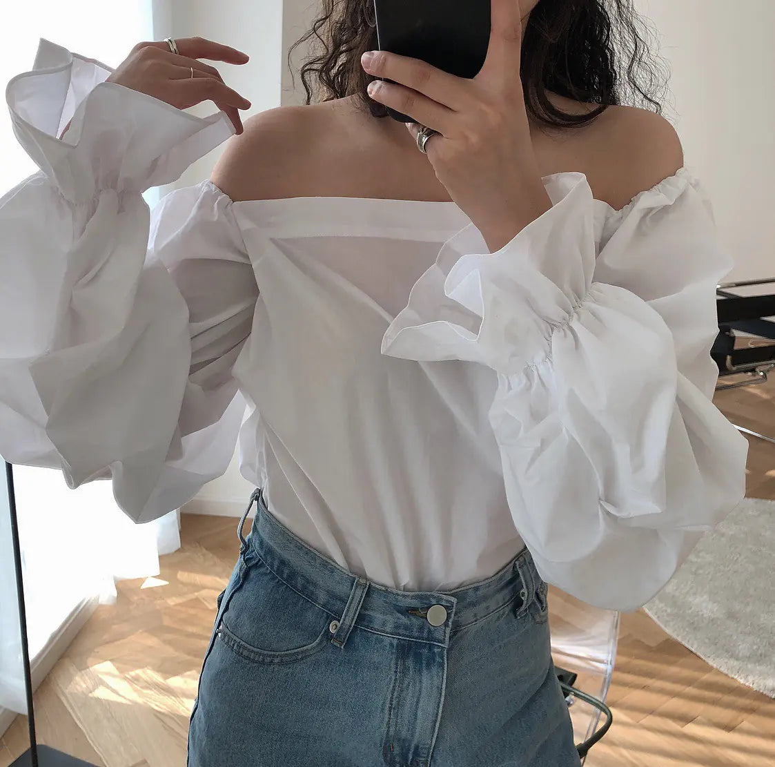 Retro French Puff Sleeve Off-Shoulder Blouse Shirt