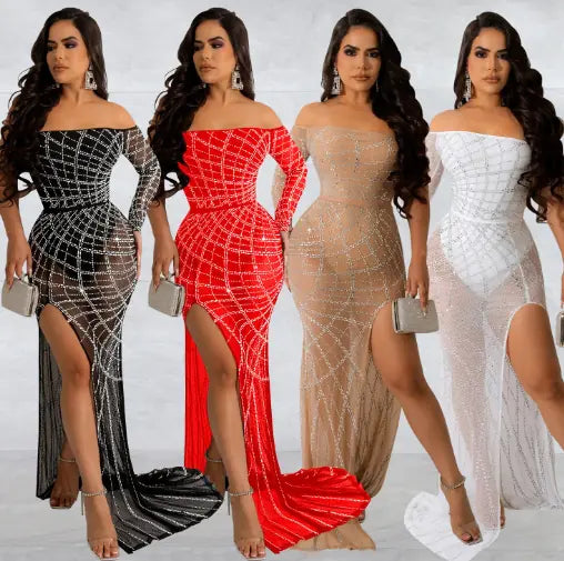 European Style Off-the-Shoulder High Slit Dress