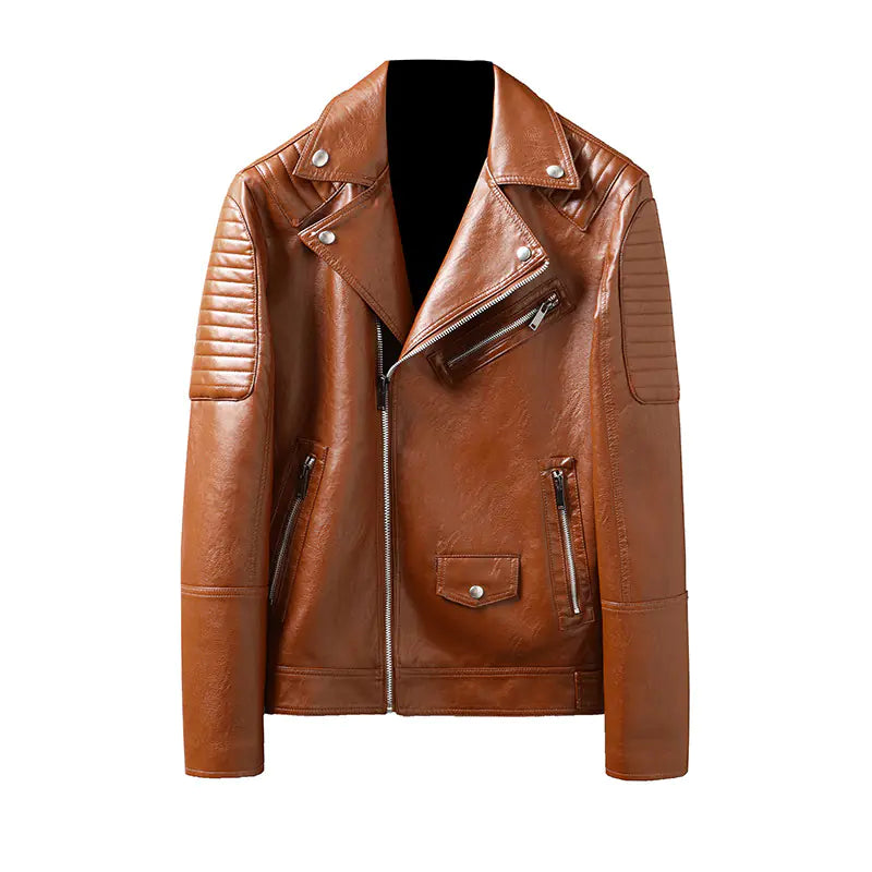 "Winter Slim Fit Men's Leather Jacket with Zipper Pockets"