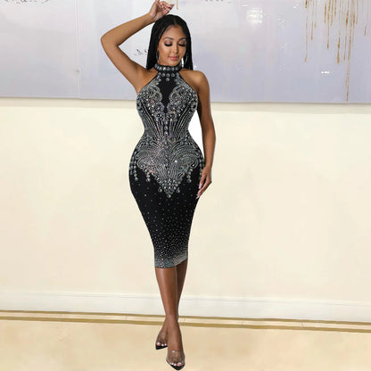 Sleeveless Halter Mid-Length Dress with Hot Drilling