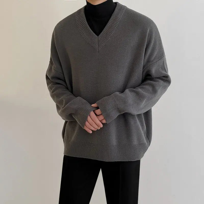 Men's Thickened Solid Color V-neck Sweater for Fall/Winter